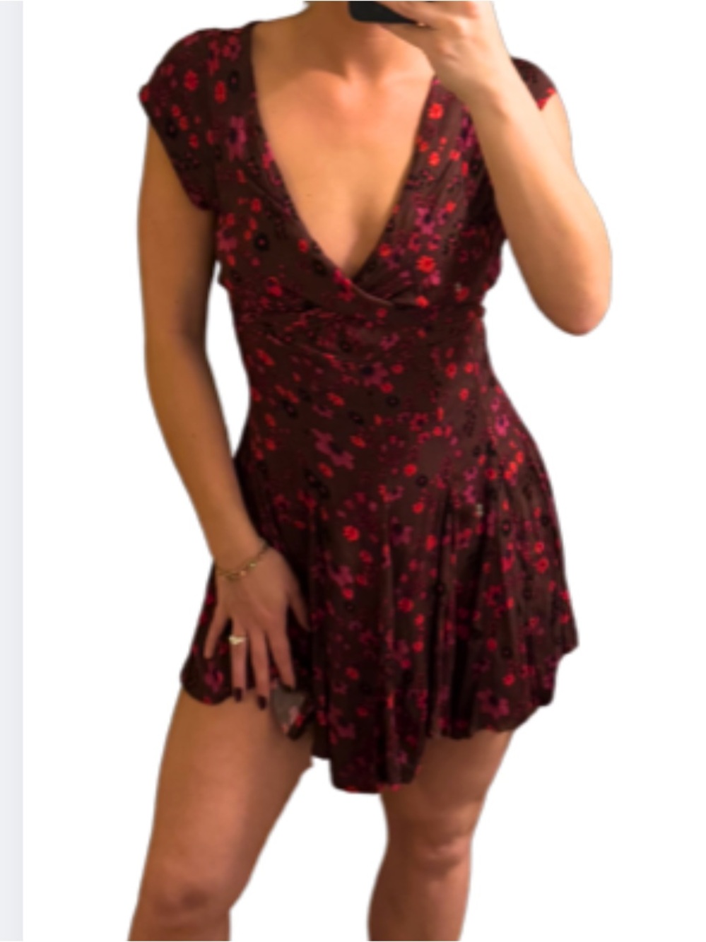 Women's Brown Floral V-Neck Wrap Dress